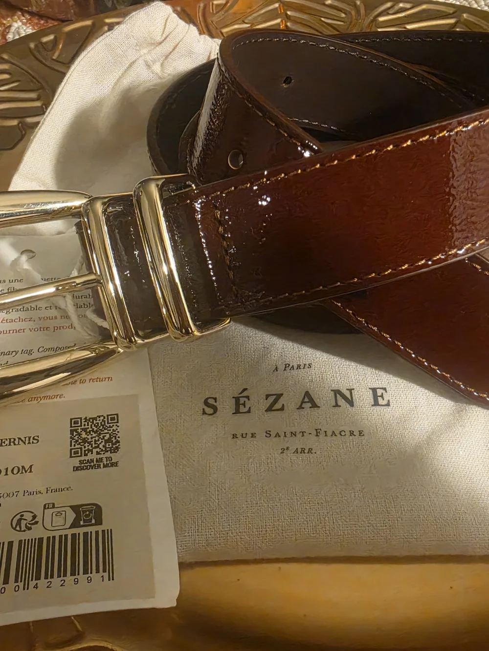 Sezane Brown Gloss Leather Belt with Gold Buckle - Picture 1 of 7